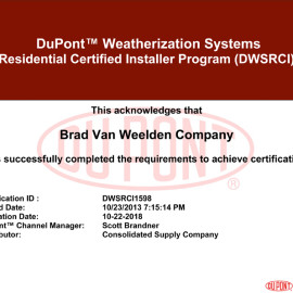 Brad Van Weelden DuPont Weatherization Certificate